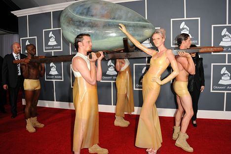 Singer Lady Gaga arrived at the 53rd Grammys in a giant egg.