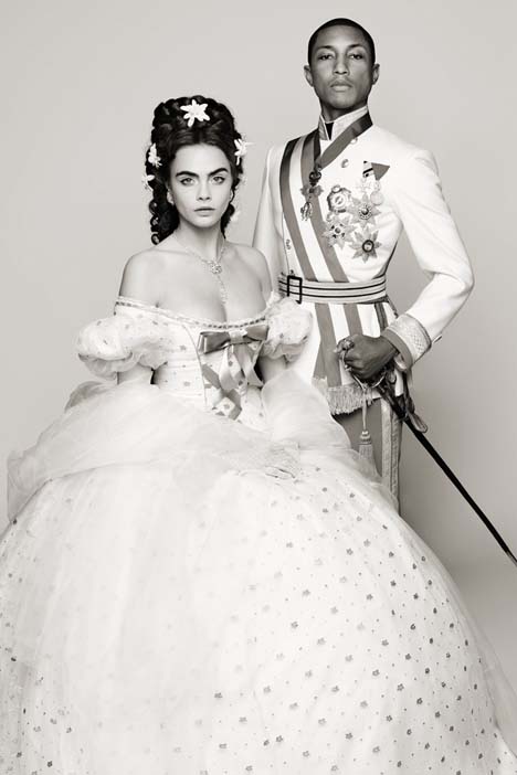 Cara Delevingne and Pharrell Williams in costume for "Reincarnation" Photo by Karl Lagerfeld. 